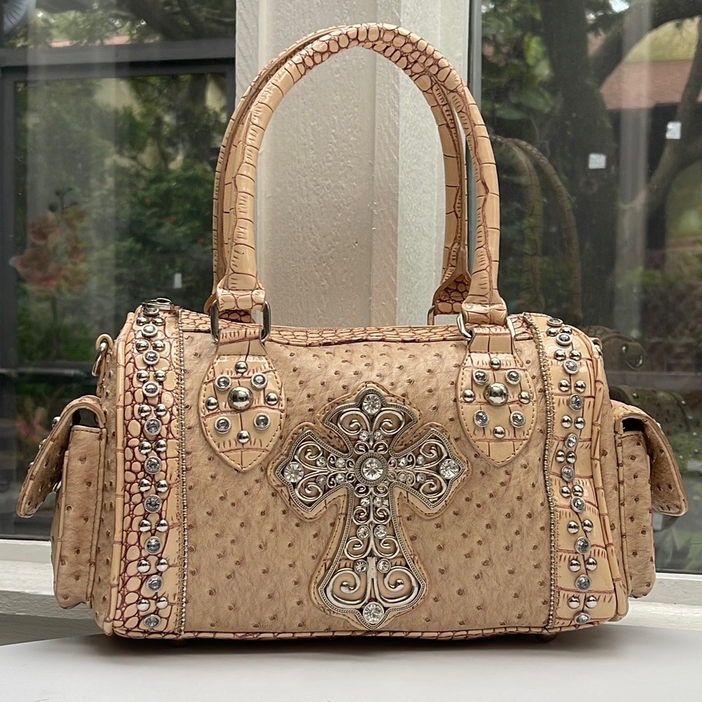 Elegant Beige Handbag with Cross Design
